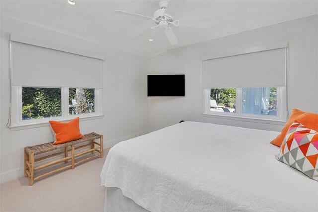 carpeted bedroom with ceiling fan, baseboards, and recessed lighting