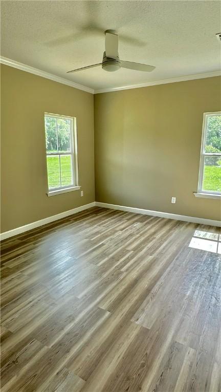 unfurnished room with ceiling fan, hardwood / wood-style floors, and a healthy amount of sunlight