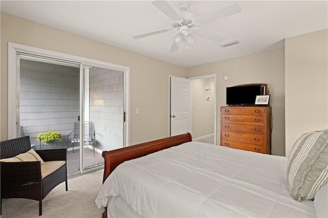 carpeted bedroom featuring access to outside and ceiling fan