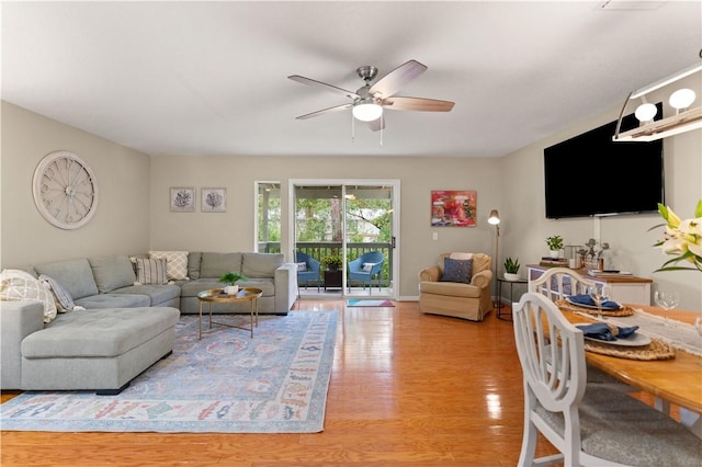 living room featuring ceiling fan and light wood-type flooring