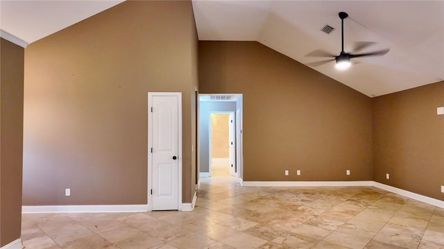 unfurnished room with high vaulted ceiling and ceiling fan