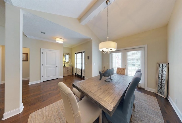 dining area with a notable chandelier, dark hardwood / wood-style floors, and vaulted ceiling with beams