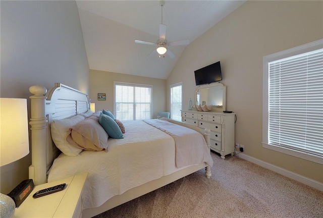 carpeted bedroom featuring lofted ceiling and ceiling fan