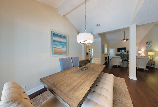 dining space with beam ceiling, ceiling fan, high vaulted ceiling, and dark hardwood / wood-style flooring