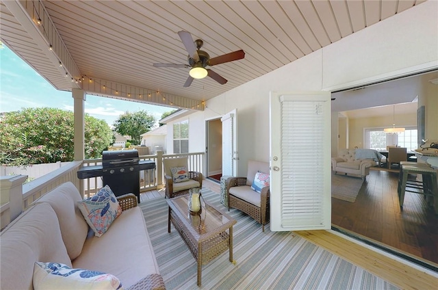 view of patio / terrace featuring grilling area, outdoor lounge area, and ceiling fan