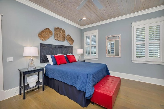 bedroom featuring multiple windows, wood finished floors, crown molding, baseboards, and wood ceiling