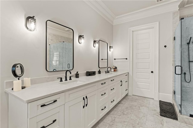 166 Robertson Cir, Saint Simons Island, GA 31522 - bathroom with crown molding, a shower stall, double vanity, and marble look tiles