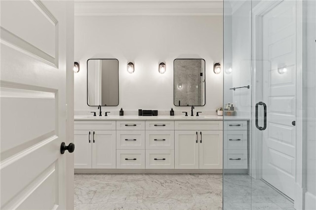 166 Robertson Cir, Saint Simons Island, GA 31522 - full bath featuring marble look tiles, crown molding, double vanity, and an enclosed shower