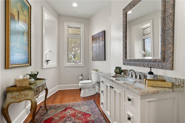 bathroom with vanity, hardwood / wood-style flooring, and toilet