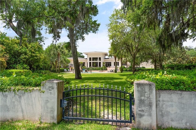 view of gate with a yard