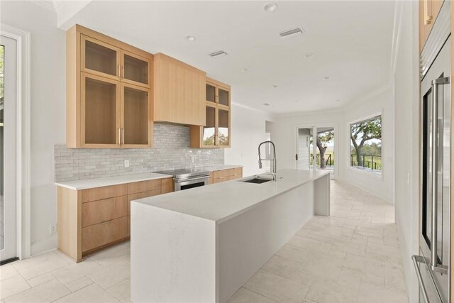 kitchen with tasteful backsplash, modern cabinets, stainless steel appliances, and a sink