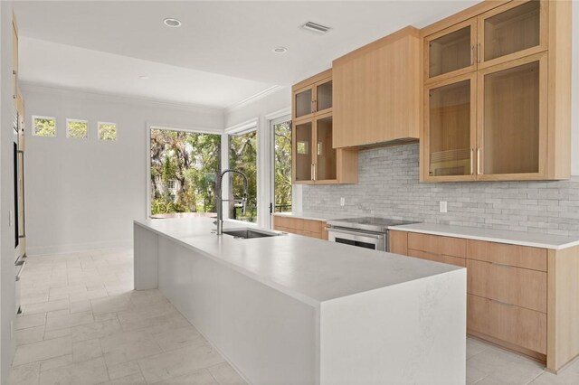 kitchen with stainless steel range with electric cooktop, decorative backsplash, visible vents, and a sink
