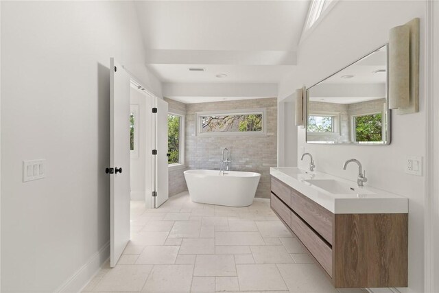 full bath featuring a freestanding bath, a wealth of natural light, and a sink