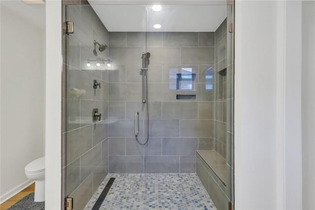 bathroom with an enclosed shower and toilet