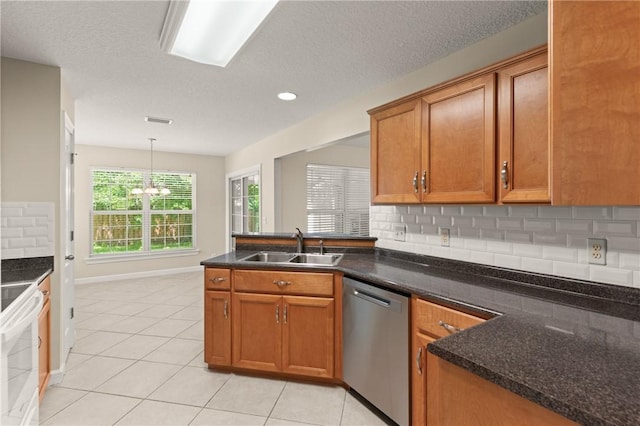 172 Autumns Ridge Ct, Brunswick, GA 31525 - kitchen with dishwasher, a peninsula, brown cabinets, backsplash, and a textured ceiling