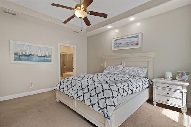 carpeted bedroom with recessed lighting, baseboards, visible vents, and a ceiling fan
