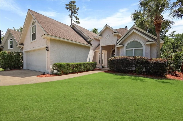 view of front facade with an attached garage, concrete driveway, stucco siding, and a front yard