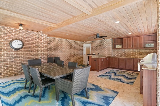 622 Beachview Dr, Saint Simons Island, GA 31522 - dining area featuring brick wall, wood ceiling, a ceiling fan, and recessed lighting