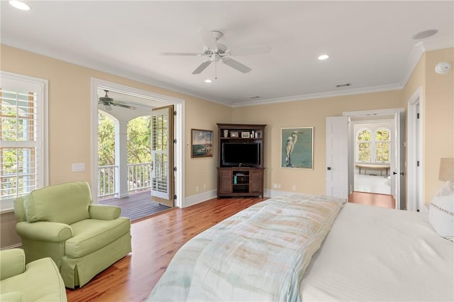 622 Beachview Dr, Saint Simons Island, GA 31522 - bedroom featuring access to exterior, multiple windows, wood finished floors, ornamental molding, and recessed lighting