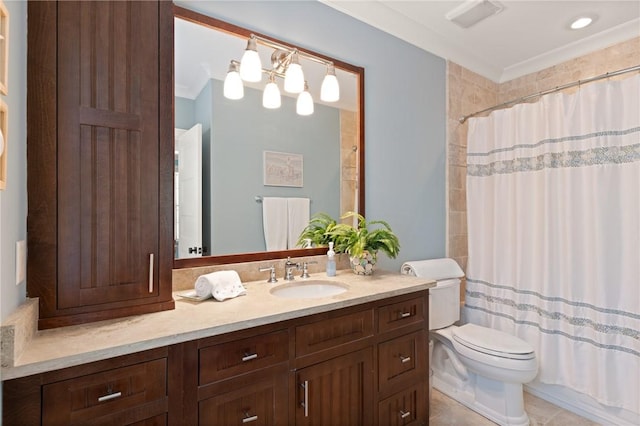 622 Beachview Dr, Saint Simons Island, GA 31522 - bathroom featuring vanity, a shower with shower curtain, ornamental molding, and tile patterned floors