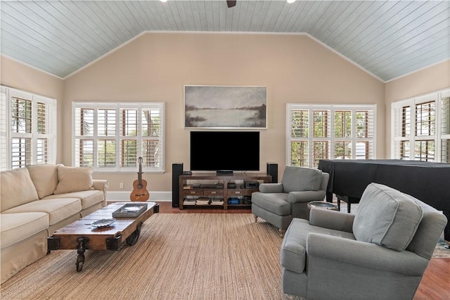 622 Beachview Dr, Saint Simons Island, GA 31522 - living area featuring lofted ceiling, a ceiling fan, wood finished floors, and wooden ceiling