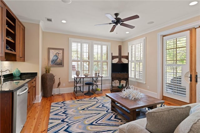 622 Beachview Dr, Saint Simons Island, GA 31522 - living area with a ceiling fan, light wood-style flooring, ornamental molding, and recessed lighting
