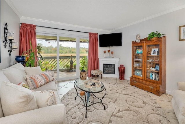 living room with crown molding and light tile patterned flooring