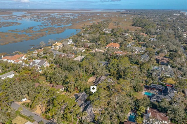 drone / aerial view featuring a water view