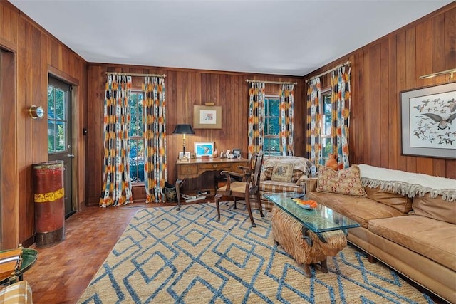 office area with wood walls