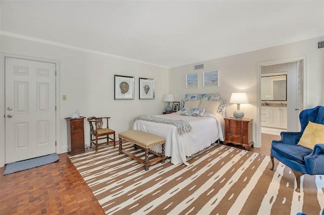 bedroom featuring ornamental molding and visible vents