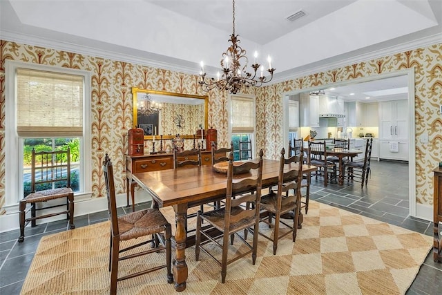 dining space with ornamental molding, visible vents, baseboards, and wallpapered walls