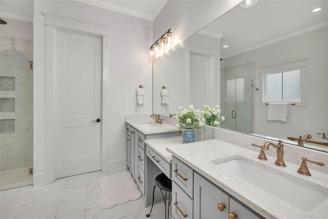 bathroom featuring vanity, crown molding, and walk in shower