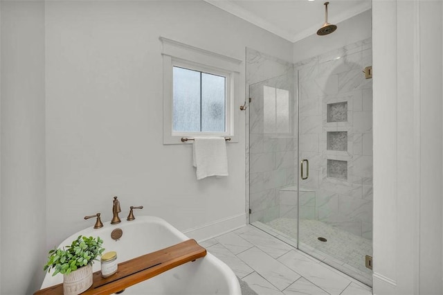 bathroom featuring separate shower and tub and ornamental molding