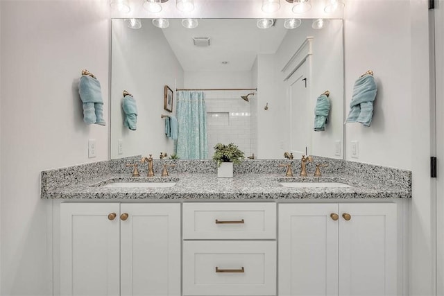 bathroom featuring a shower with curtain and vanity