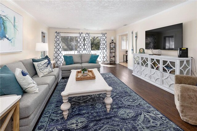 living room featuring dark wood-type flooring, a textured ceiling, and ornamental molding