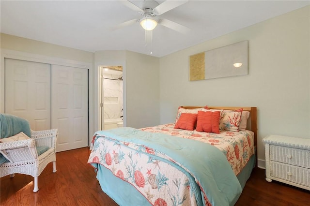 bedroom with ceiling fan, dark hardwood / wood-style flooring, ensuite bath, and a closet