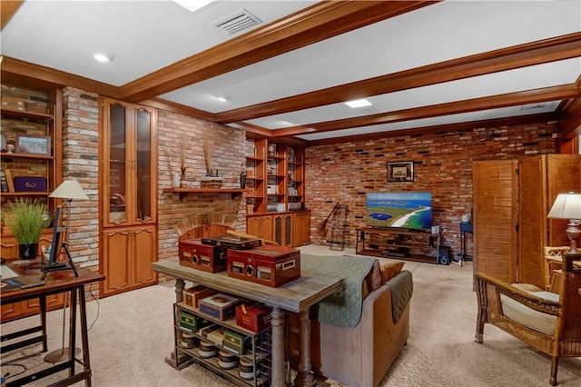 1001 Coral Rd, Waycross, GA 31501 - living room featuring light colored carpet, beamed ceiling, brick wall, and crown molding