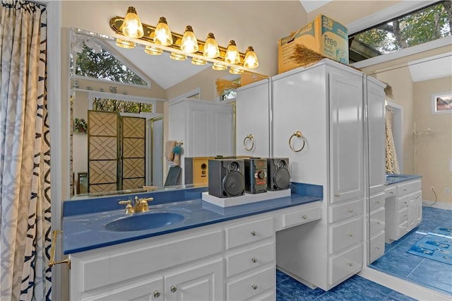 1001 Coral Rd, Waycross, GA 31501 - bathroom with lofted ceiling, vanity, tile patterned floors, and a shower with shower curtain