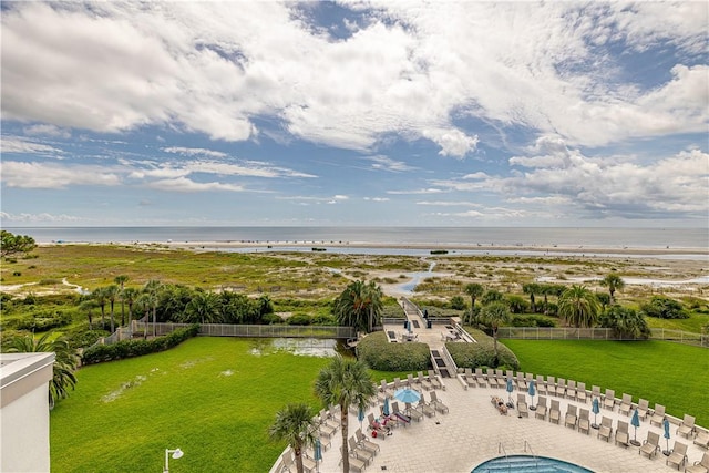 bird's eye view with a water view