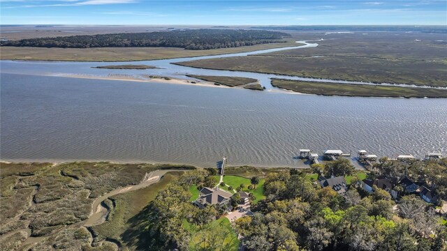 drone / aerial view with a water view