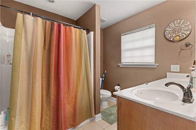 bathroom featuring curtained shower, toilet, a sink, tile patterned floors, and double vanity