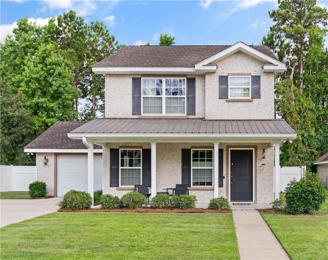 traditional home featuring a garage, metal roof, fence, a porch, and a front yard