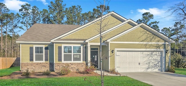 craftsman-style house with brick siding, a shingled roof, fence, driveway, and an attached garage