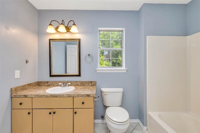 full bath featuring tile patterned flooring, toilet, baseboards, and vanity