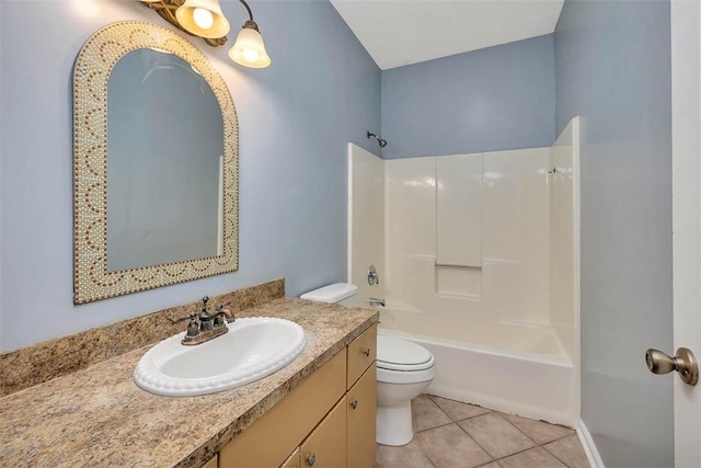 bathroom featuring toilet, tub / shower combination, tile patterned flooring, and vanity