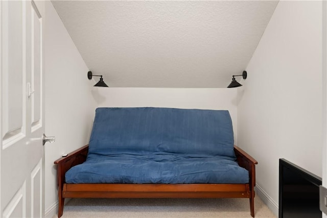 living area featuring carpet flooring, baseboards, lofted ceiling, and a textured ceiling