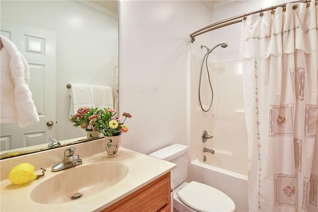 full bathroom with crown molding, vanity, shower / bath combo, and toilet