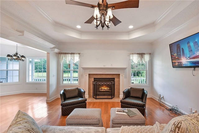 living room featuring a raised ceiling, crown molding, and light hardwood / wood-style flooring