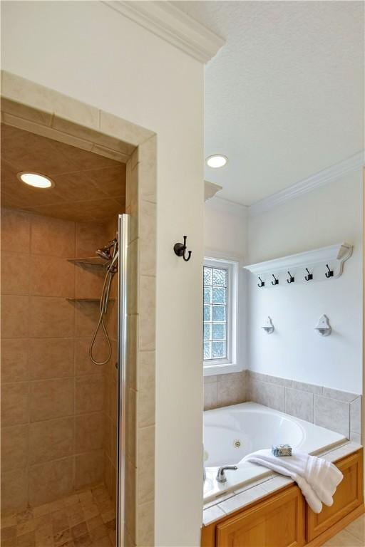 bathroom with tile patterned flooring, ornamental molding, and plus walk in shower