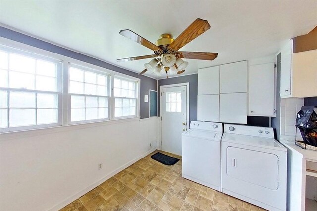 315 Magnolia St, Waycross, GA 31501 - clothes washing area with baseboards, ceiling fan, washer and clothes dryer, and stone finish flooring
